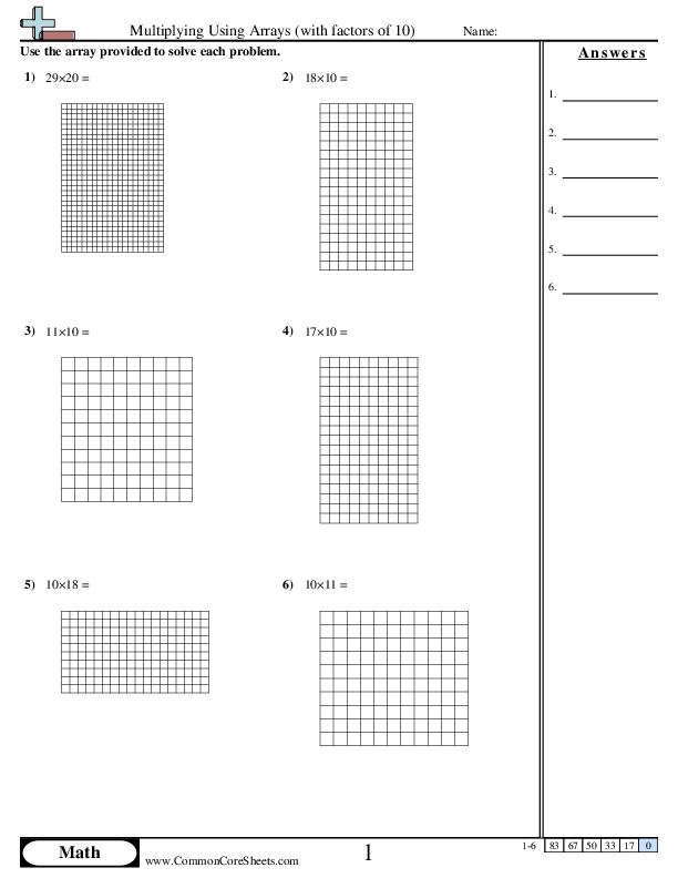Multiplying using Arrays (with factors of 10) worksheet